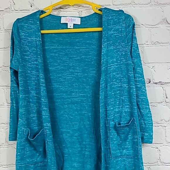 LuLaRoe Kids Sariah Cardigan Turquoise Heather Full Length Pockets Knit Sweater - Picture 2 of 7
